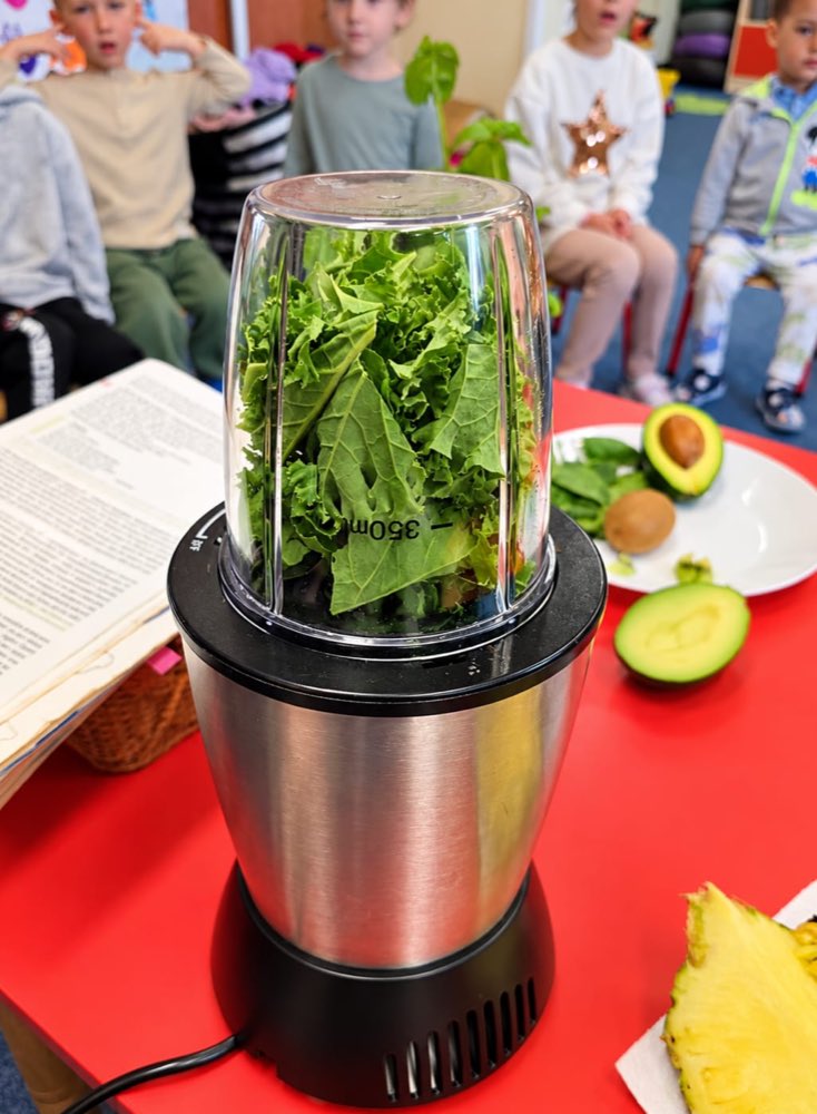 Blender wypełniony jarmużem, obok awokado, kiwi i ananas